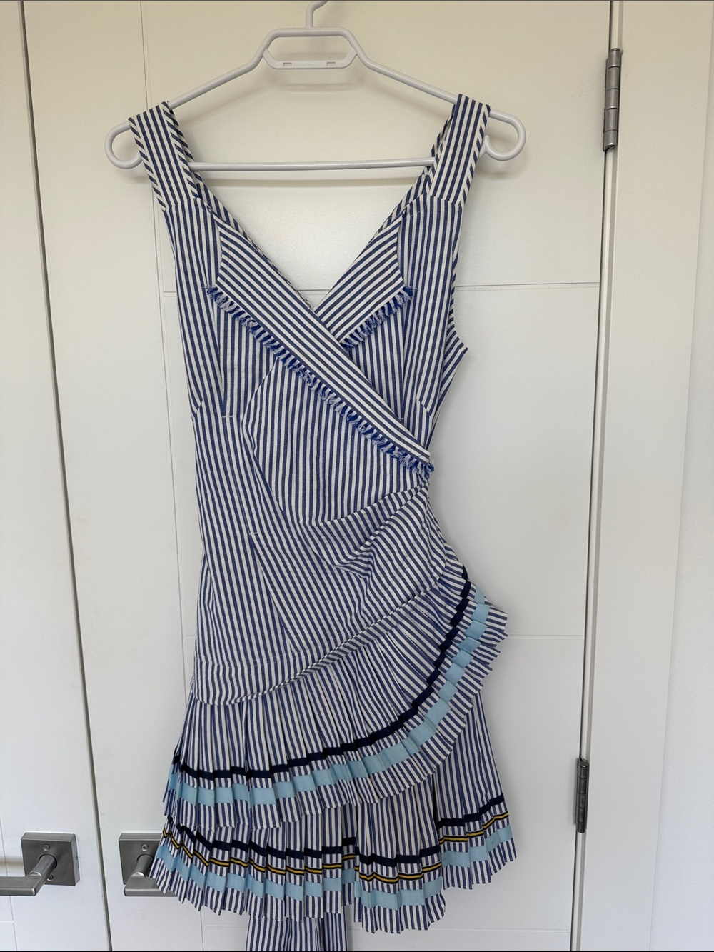 Tanya Taylor Blue and White Striped Ruffle Mini Dress